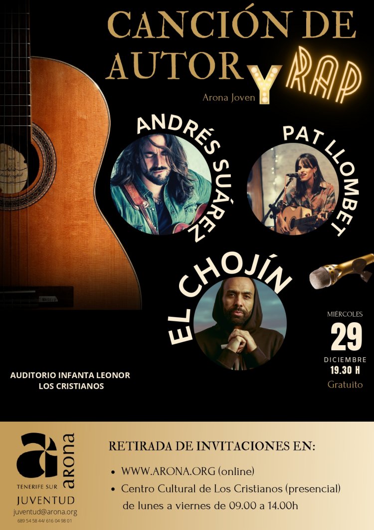 Andrés Suárez, El Chojín y Pat Llombet, protagonistas del concierto ‘Canción de Autor y Rap’ de Arona