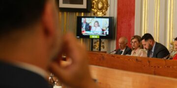 La concejala de Coordinación Territorial, Aguas, Carnaval y Fiestas, Inmaculada Medina, durante su intervención en el Pleno de marzo