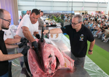 Cientos de personas degustan una pieza de 305 kilos en el ronqueo del atún de FEAGA