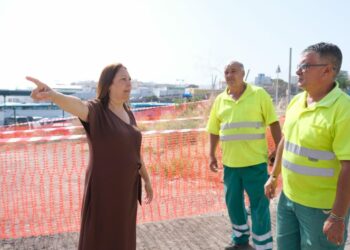 La concejala de Salud Pública, Carmen Luz Vargas, junto a trabajadores de Vías y Obras y Alumbrado en el perimetraje en La Paterna