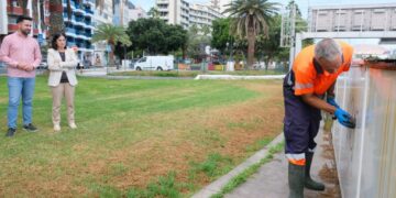 La alcaldesa, Carolina Darias, y el concejal de Limpieza, Héctor Alemán, junto a un trabajador retirando pintadas