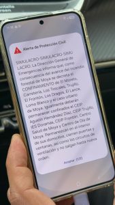 Mensaje de ES-Alert en el simulacro de incendio forestal en Moya
