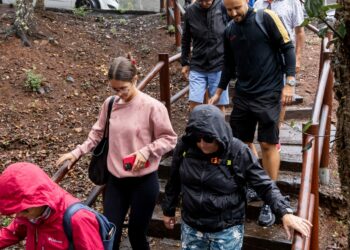 Un grupo de jóvenes y mayores ponen en común sus experiencias de vida en una caminata por la Finca de Osorio